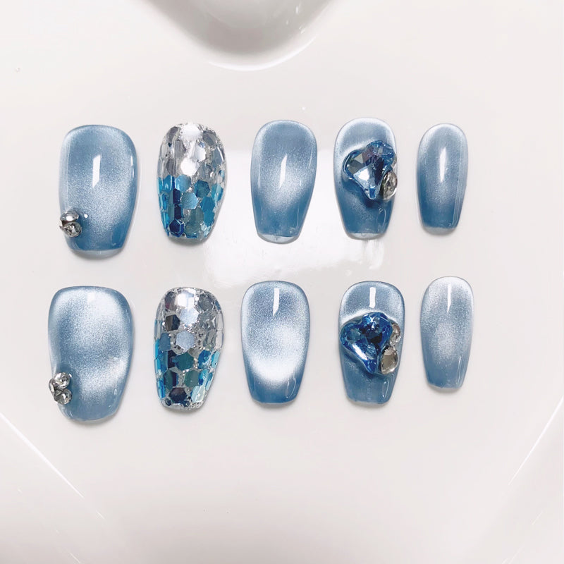 A3 Blue Cat Eye Short Coffin Press On Nails for Women+Application Kit