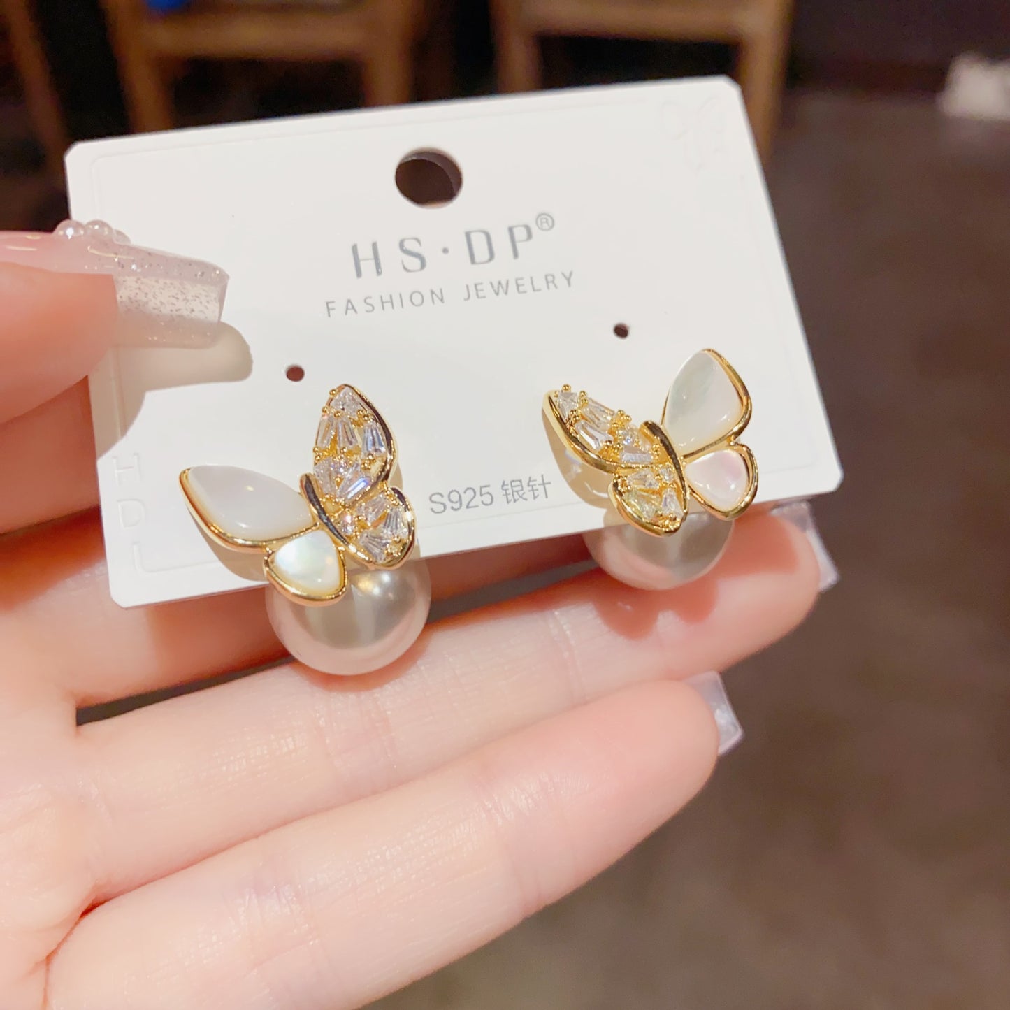 E1012 Butterfly Pearl Stud Earrings 2 ways to wear