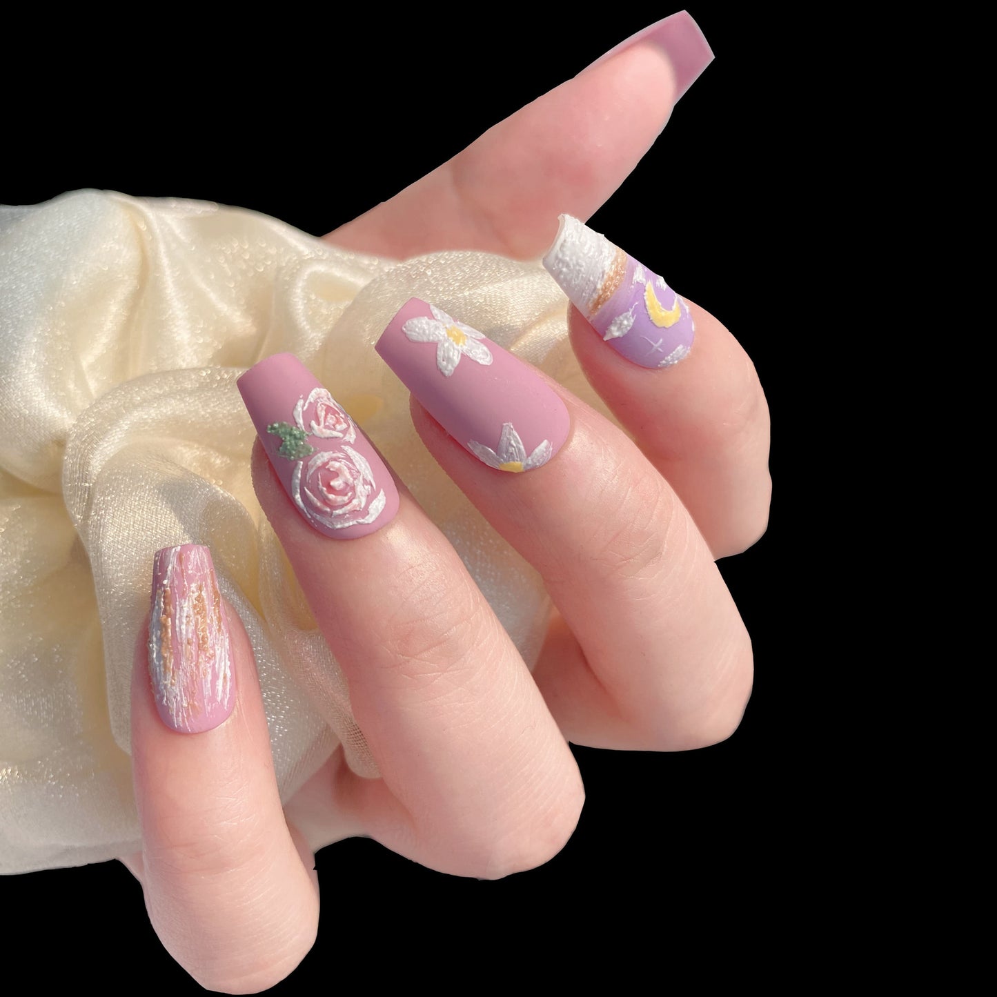 A50 Hand Drown Moon Style Short Coffin Press on Nails for Women