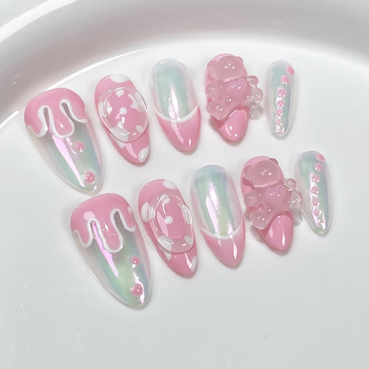 A89 Bear Mid Almond Press On Nails+tool kit