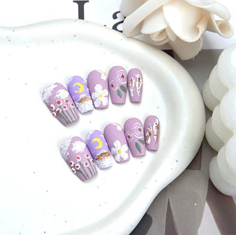 A50 Hand Drown Moon Style Short Coffin Press on Nails for Women