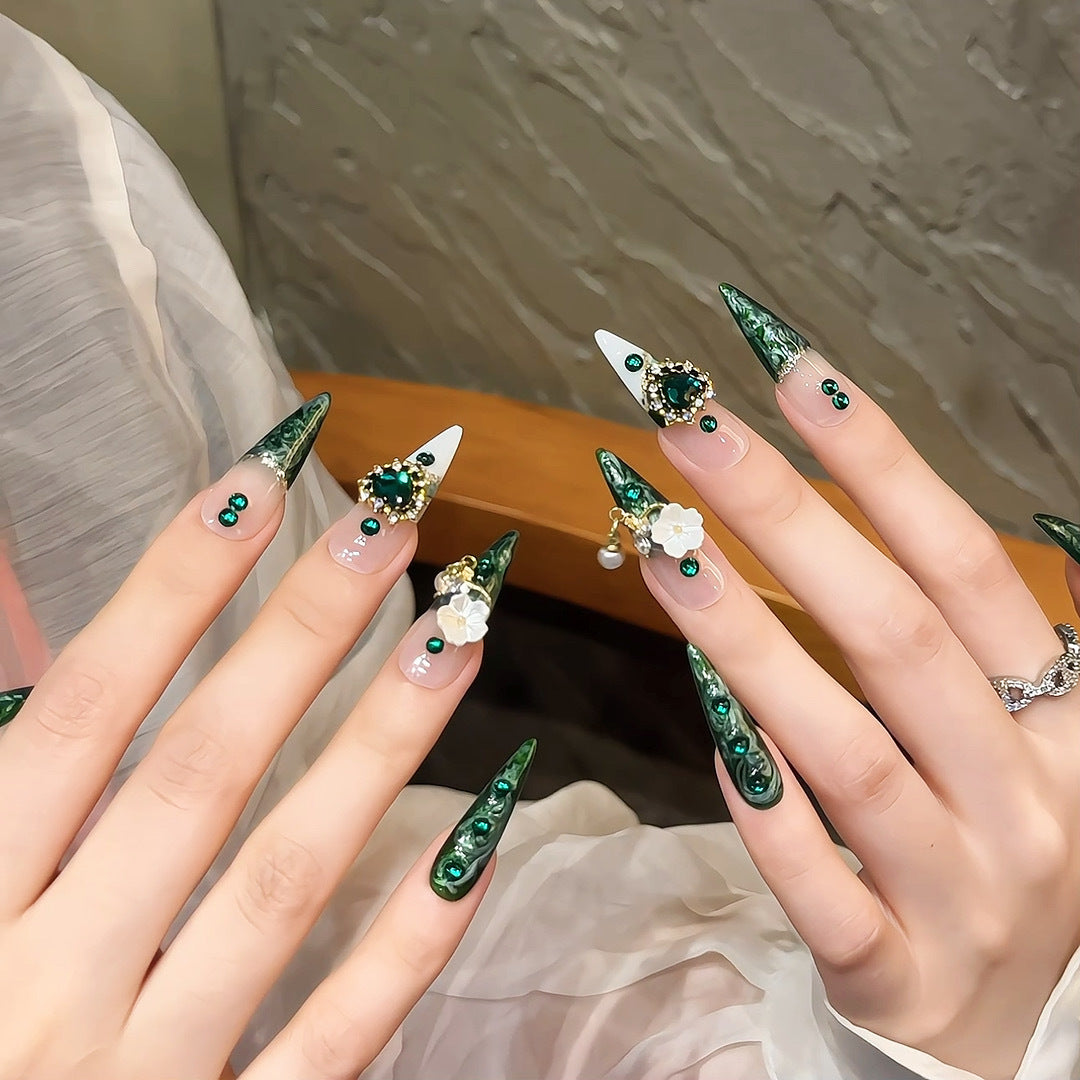 A138 Green Flower Heart Long Nails for Women+tool kit