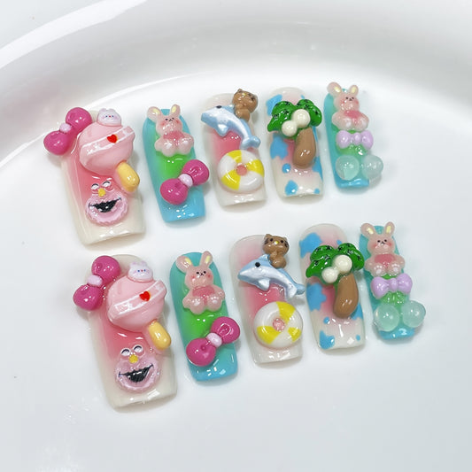 A100 Cute Cartoon Long Coffin Fake Nails for Women+tool kit