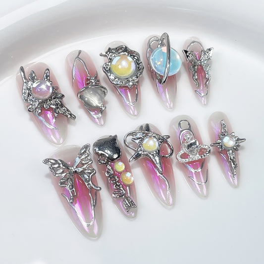 A62 Planet Butterfly Long Handmade Press on Nails for Women