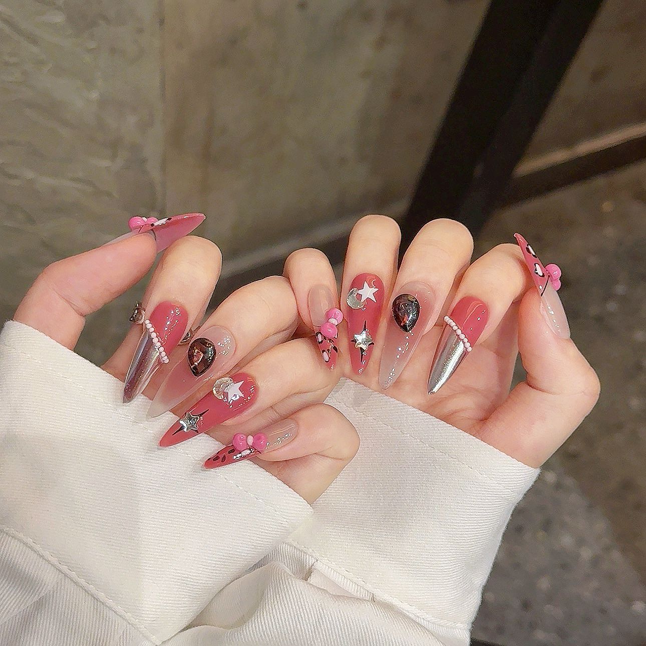 A139 Pink Bows Long Nails for Women+tool kit