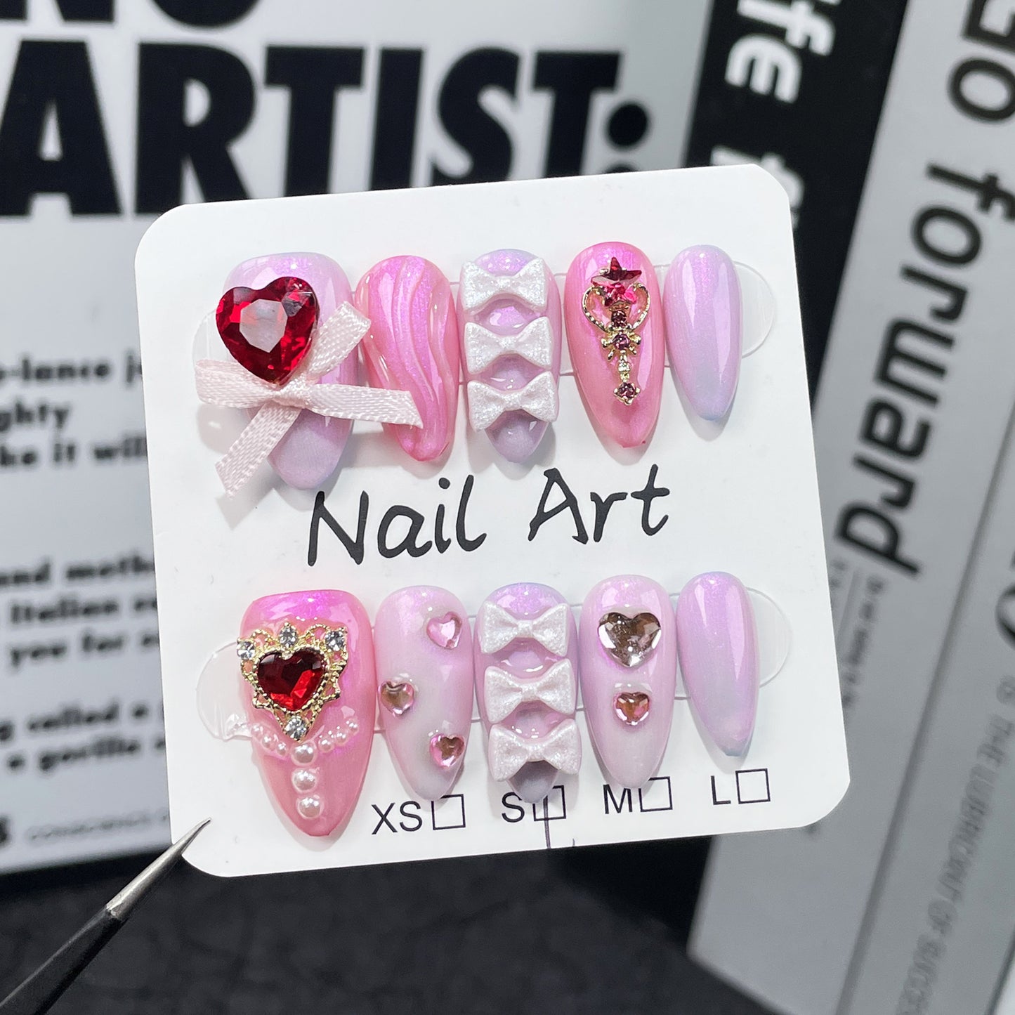 A99 Cute Heart Almond Fake Nails for Women+tool kit