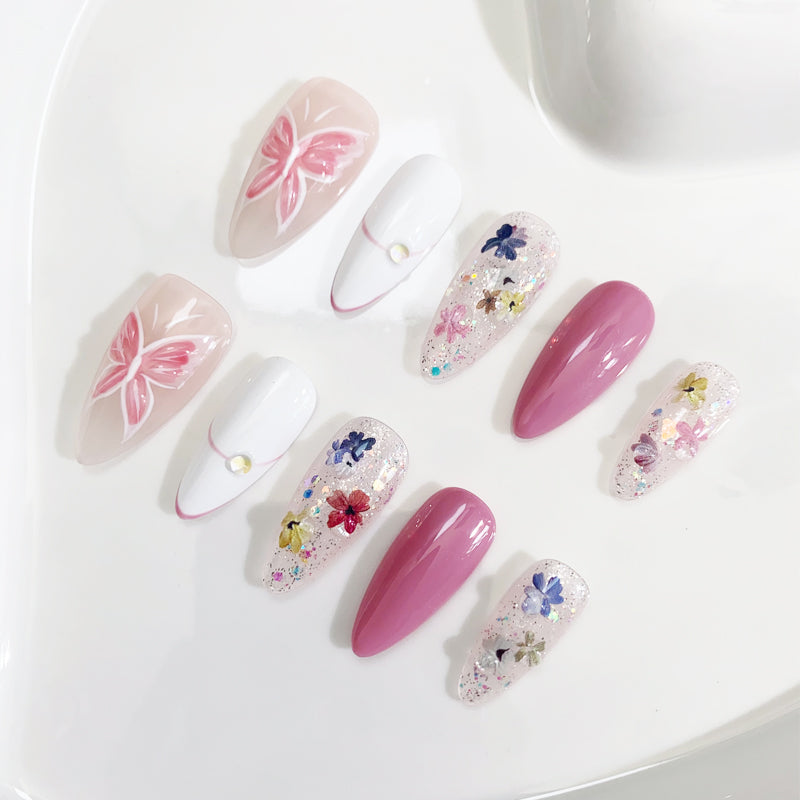 A1 Handmade Flower Butterfly Almond Press On Nails for Women+Application Kit