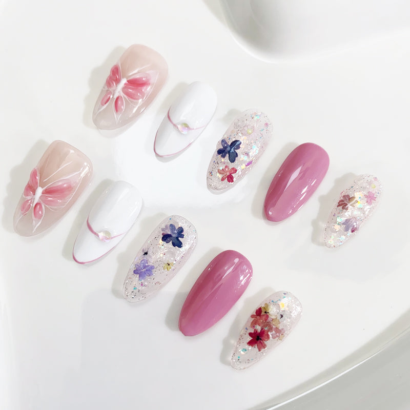 A1 Handmade Flower Butterfly Almond Press On Nails for Women+Application Kit